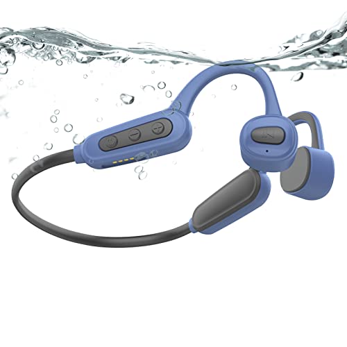 AfterRuenz Waterproof Bone Conduction Headphones Wireless Bluetooth 5.0 IP68 Headset with Mic Built-in 16 GB MP3 Player Open Ear for Swimming Running Driving Gym (Light Blue)