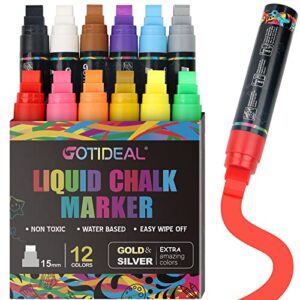 gotideal 12 colors jumbo window markers, bold car markers, chalkboard markers for kids restaurant, blackboard, glass, bistro, car paint wet erasable, 3 in 1 nib, 2 metallic colors inlcuded 15mm