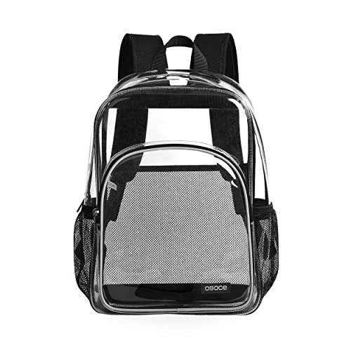 OSOCE Black Clear Backpack Heavy Duty,Clear Bag Stadium Approved,PVC Transparent Clear Book Bag with Adjustable Shoulder Straps and Front Accessory Pocket for Security Work Concert Festival Travel