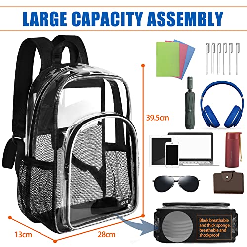 OSOCE Black Clear Backpack Heavy Duty,Clear Bag Stadium Approved,PVC Transparent Clear Book Bag with Adjustable Shoulder Straps and Front Accessory Pocket for Security Work Concert Festival Travel