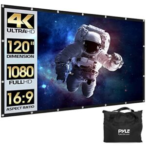 pyle foldable portable projector screen – 120″ 16:9 hd 4k lightweight indoor outdoor anti-crease movie projection display – for home theater, party, office, classroom