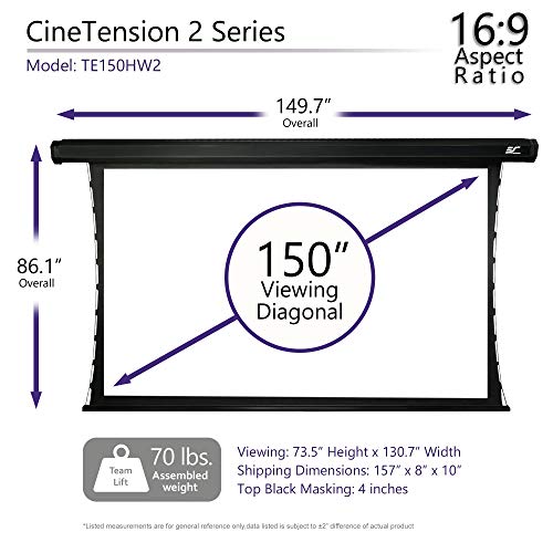 Elite Screens CineTension 2, 150-inch Diagonal 16:9, 4K/8K Tab-Tensioned Electric Drop Down Projection Projector Screen, TE150HW2