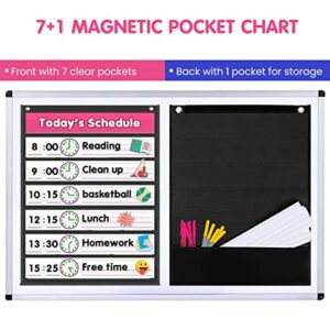 Auchq Magnetic Pocket Chart,Standard Pocket Chart with 7+1 Pockets,14 Double-Sided Dry-Eraser Cards for Daily Schedule,Class Demonstrations,Classroom Office Home Activities (Black)