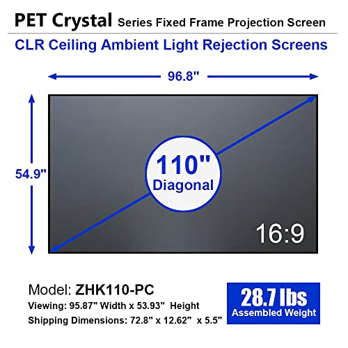 XY 110 inch 16:9, ALR CLR PET Crystal, Thin Bezel Ambient Light Rejecting Fixed Frame Projector Screen, Ceiling Projection Screen for Ultra Short Throw Projector, Dark Grey, ZHK100PC110