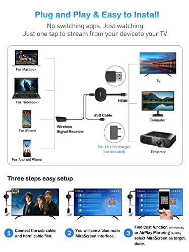 AT-Mizhi 4K Wireless HDMI Display Dongle Adapter - TV Wireless Display Adapter Stream Video/Audio from iPhone/iPad/Mac/Android/Window Laptop to HDTV/Projector/Monitor, Supports Airplay/Miracast/DLNA