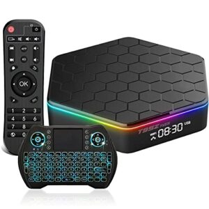 2022 android tv box 12.0 4gb ram 64gb rom android box h618 quad-core cortex-a53 cpu, wi-fi 6 4k/6k 2.4g/5g wi-fi hdr10+ bluetooth 5.0 100m ethernet usb 2.0 with backlit 2.4g mini wireless keyboard