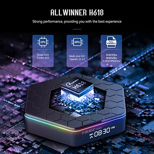 2022 Android TV Box 12.0 4GB RAM 64GB ROM Android Box H618 Quad-core Cortex-A53 CPU, Wi-Fi 6 4K/6K 2.4G/5G Wi-Fi HDR10+ Bluetooth 5.0 100M Ethernet USB 2.0 with Backlit 2.4G Mini Wireless Keyboard