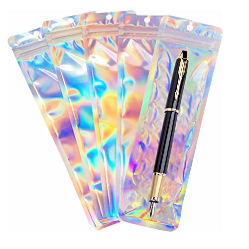 100pcs Holographic Ziplock Packaging Storage Bag Pen Packaging Bags for Small Business-2.4x9 inch Resealable Smell Proof Storage Bags for Packaging Lipgloss,Jewelry,Cosmetic,Candy