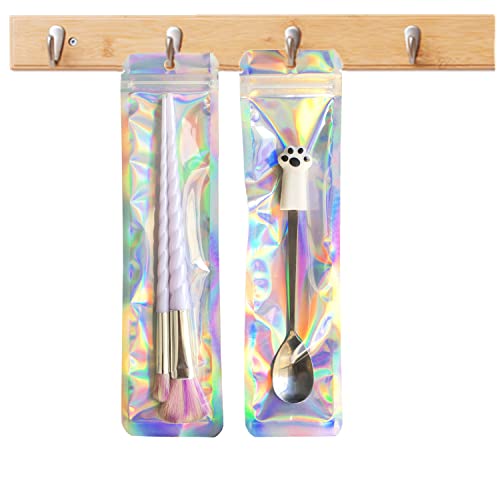 100pcs Holographic Ziplock Packaging Storage Bag Pen Packaging Bags for Small Business-2.4x9 inch Resealable Smell Proof Storage Bags for Packaging Lipgloss,Jewelry,Cosmetic,Candy