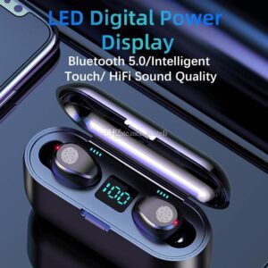 Waterproof Headphone, 8 LED Display Gaming Headset,Battery Display Earbuds F9 Bluetooth Earpiece, Touch Control