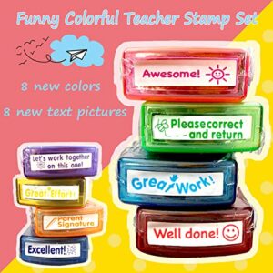 Bertiveny Teacher Stamps for Grading Classroom，Parent Signature Self-Inking Teacher Stamp Set School Supplies Stamps for Homework Reward with 8 pcs Teacher Supplies for Classroom Elementary(Rainbow)