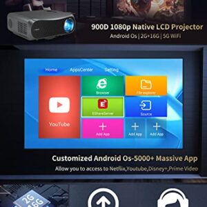 4K UHD TV Home Theater Projector 5G WiFi, Bluetooth, Androrid 2G+16G Wireless Native 1080P Projectors Outdoor Movie Game, with 5000+ Apps, HDMI, USB, Aux Audio,VGA, 15W HiFi Speaker, Zoom,4P Keystone