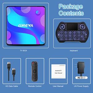 GREVA Android TV Box 11 - Smart TV Box 2GB 16GB Dual Band WiFi, Support 4K HDR Smart Streaming Player with Keyboard, BT 4.1, H.265 Set Top Box