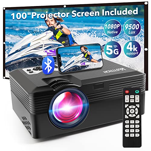 Projector with WiFi and Bluetooth, Native 1080P Portable Outdoor LED Movie Projector, Synchronize iOS & Android Smartphone Screen, Home Video Mini Projector Compatible with TV Stick/HDMI/USB/AV/Laptop