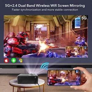 Projector with WiFi and Bluetooth, Native 1080P Portable Outdoor LED Movie Projector, Synchronize iOS & Android Smartphone Screen, Home Video Mini Projector Compatible with TV Stick/HDMI/USB/AV/Laptop