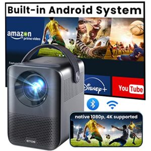 4k supported mini projector, etoe d2 evo android 9.0 projector, video projector with espn, prime video, youtube, 5g wifi & bluetooth, keystone correction, compatible with ios/android/windows/usb/hdmi