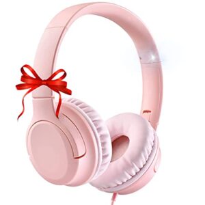 calhuber kids headphones, k12 foldable children with tangle-free 3.5mm jack cord, over-ear wired headset for children/teens/girls/smartphones/school/kindle/airplane travel/plane/tablet (pink)
