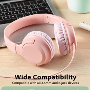 Calhuber Kids Headphones, K12 Foldable Children with Tangle-Free 3.5mm Jack Cord, Over-Ear Wired Headset for Children/Teens/Girls/Smartphones/School/Kindle/Airplane Travel/Plane/Tablet (Pink)