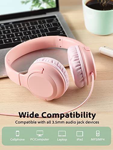 Calhuber Kids Headphones, K12 Foldable Children with Tangle-Free 3.5mm Jack Cord, Over-Ear Wired Headset for Children/Teens/Girls/Smartphones/School/Kindle/Airplane Travel/Plane/Tablet (Pink)