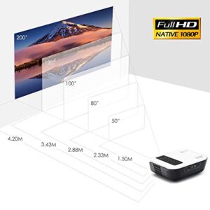 TVY Native 1080P Home Theater Projector 5000 Lumens and 200'' Display Portable Outdoor Movie Projector, Compatible with PS4, PC via HDMI, AV and USB for Entertainment (White)