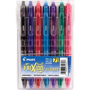 pilot frixion clicker erasable, refillable & retractable gel ink pens, fine point, assorted color inks, 7 count (pack of 1) (31472)
