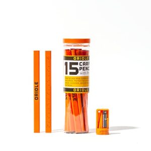 orange carpenter pencil set – includes 15 flat construction pencils with printed ruler, 1 carpenter pencil sharpener & 1 clear storage container – smoothly write on wood, concrete & stone – pencil kit