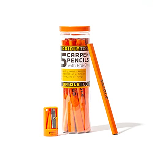 Orange Carpenter Pencil Set - Includes 15 Flat Construction Pencils with Printed Ruler, 1 Carpenter Pencil Sharpener & 1 Clear Storage Container - Smoothly Write on Wood, Concrete & Stone - Pencil Kit