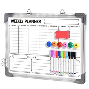 dry erase weekly calendar whiteboard for wall, 16″ x 12″ magnetic white board dry erase calendar memo to do list board, hanging double-sided weekly planner board for home, school, office, kitchen