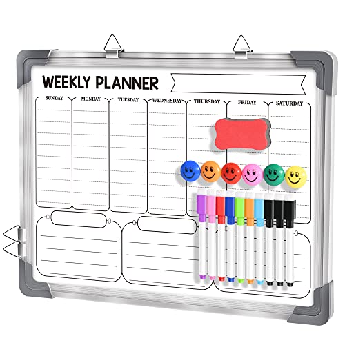 Dry Erase Weekly Calendar Whiteboard for Wall, 16" x 12" Magnetic White Board Dry Erase Calendar Memo to Do List Board, Hanging Double-Sided Weekly Planner Board for Home, School, Office, Kitchen