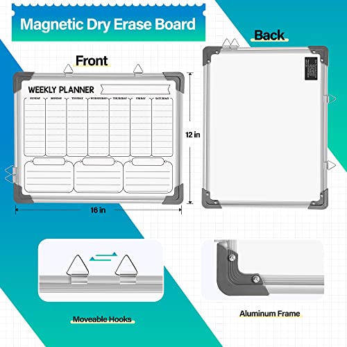 Dry Erase Weekly Calendar Whiteboard for Wall, 16" x 12" Magnetic White Board Dry Erase Calendar Memo to Do List Board, Hanging Double-Sided Weekly Planner Board for Home, School, Office, Kitchen