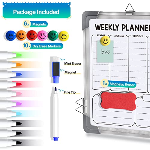 Dry Erase Weekly Calendar Whiteboard for Wall, 16" x 12" Magnetic White Board Dry Erase Calendar Memo to Do List Board, Hanging Double-Sided Weekly Planner Board for Home, School, Office, Kitchen