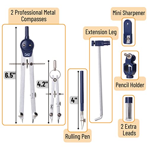 Mr. Pen- Professional Geometry Set Metal Compass, 7 pcs, Geometry Precision Tool Set with Shatterproof Storage Box, Drafting Tools & Drafting Kits, Circle Drawing Tools for Engineers Students