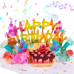 vocavi musical birthday pop-up card with light & blowable candle, 3d funny birthday card with song ‘happy’, applause cheers sound effect, birthday gift greeting cards for kids men and women