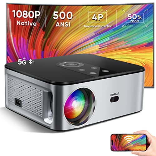 HORLAT Native 1080P 5G WiFi Bluetooth Projector 4K Support, 16000L 500 ANSI Full HD Outdoor Movie Projector, Automatic 4P/4D Keystone & 50% Zoom Video Projector Compatible with iOS/Android/Win/TV/PS5