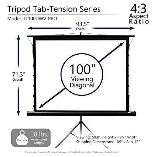 Elite Screens 100” Tab Tension Tripod Projector Screen, Portable Business Presentation, Carrying Bag Drape Kit, 4:3 4K/8K Ultra HD 3D Pull Up Front Projection Theater Movie Video Games TT100UWV-PRO