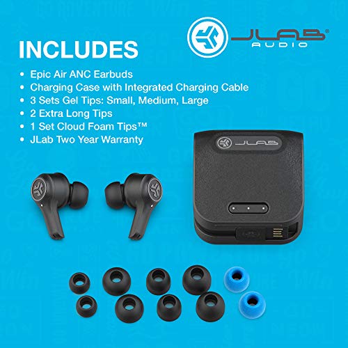 JLab Epic Air ANC True Wireless Bluetooth 5 Earbuds | Active Noise Canceling | IP55 Sweatproof | 12-Hour Battery Life, 36-Hour Charging Case | Low Latency Movie Mode | 3 EQ Sound Settings