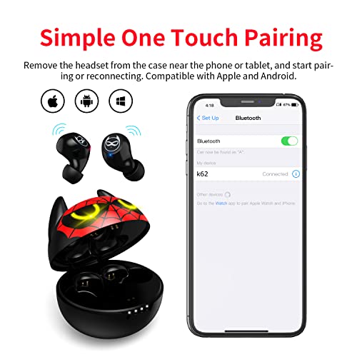 AMAFACE Wireless Earbuds for Youth Guys, Truly Wireless Headphones Stereo Sound in-Ear with Mic Touch Control, Sweat-Proof Bluetooth 5.0 Noise Reduction Earphones with Cartoon Red Charging Case