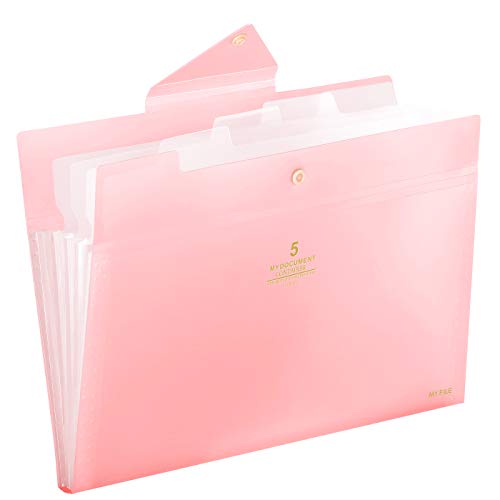 SKYDUE Expanding File Folders 5 Pockets File Folder with Snap Closure A4 and Letter Size Accordion Document Paper Organizer for Home School Office (Pink)