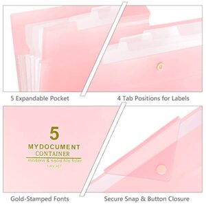 SKYDUE Expanding File Folders 5 Pockets File Folder with Snap Closure A4 and Letter Size Accordion Document Paper Organizer for Home School Office (Pink)