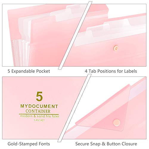 SKYDUE Expanding File Folders 5 Pockets File Folder with Snap Closure A4 and Letter Size Accordion Document Paper Organizer for Home School Office (Pink)