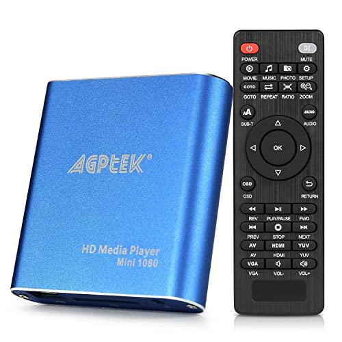 HDMI Media Player with Original AV Cables, Blue Mini 1080p Full-HD Ultra HDMI Digital Media Player for -MKV/RM- HDD USB Drives and SD Cards