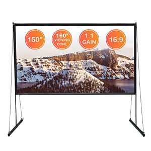 150″ pvc diagonal portable detachable projector screen with stand – detachable 160 degree wide viewing 1.1 gain & 16:9 aspect ratiosupports 2d 3d 4k hd projection outdoor open-air movie (150″)