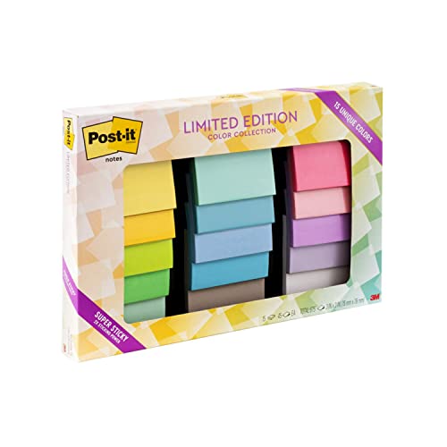 Post-it Super Sticky Notes, Limited Edition Color Collection, 3x3 in, 15 Pads/Pack, 45 Sheets/Pad (654-15SSALL)