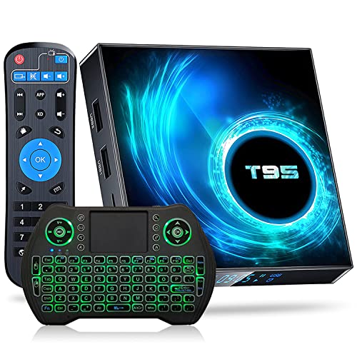 Android TV Box 4GB RAM 128GB ROM 2022 Android Box 10.0, H616 Cortex-A53 CPU Support 4K 6K 3D Video 2.4G/5G WiFi 100Mbps Ethernet Bluetooth Smart TV Box with 2.4G Backlit Mini Wireless Keyboard