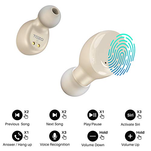 TOZO T6 True Wireless Earbuds Bluetooth 5.3 Headphones Touch Control with Wireless Charging Case IPX8 Waterproof Stereo Earphones in-Ear Built-in Mic Headset Premium Deep Bass Champagne(2022 Upgraded)