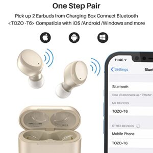 TOZO T6 True Wireless Earbuds Bluetooth 5.3 Headphones Touch Control with Wireless Charging Case IPX8 Waterproof Stereo Earphones in-Ear Built-in Mic Headset Premium Deep Bass Champagne(2022 Upgraded)