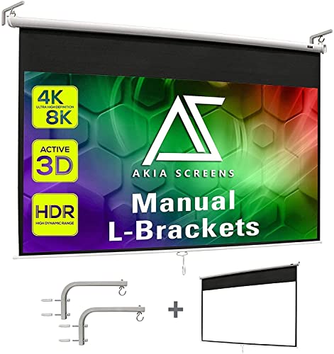 Akia Screens 100 inch Projector Screen Pull Down Manual B 16:9 8K 4K HD 3D Ceiling Wall Mount White Portable Projection Screen Retractable Auto Locking AK-M100H1 with 10 inch L-Bracket White AK-ZLB10W