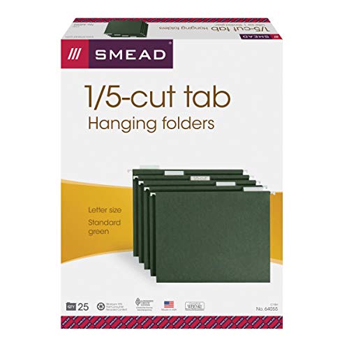 Smead Hanging File Folder with Tab, 1/5-Cut Adjustable Tab, Letter Size, Standard Green, 25 per Box (64055)