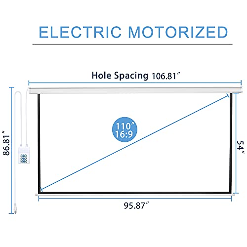 110" Motorized Projector Screen Electric Diagonal Automatic Projection 16:9 HD Movies Screen for Home Theater Presentation Education Outdoor Indoor W/Wireless Remote and Wall/Ceiling Mount (White)