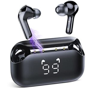timu bluetooth headphones 5.3, bluetooth earbuds 60h playtime with led power display, cvc8.0 clear calls, built-in 4 mics, deep bass, usb-c fast charge, ipx7 waterproof, ear buds for sport work.